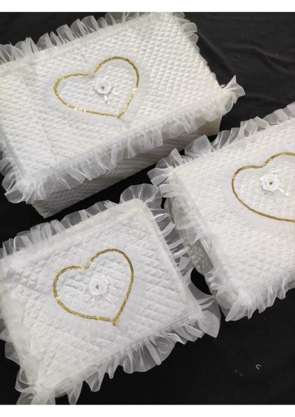 Şık Kalp Işlemeli Saten 3'lü Bohça Takımı Krem Renk