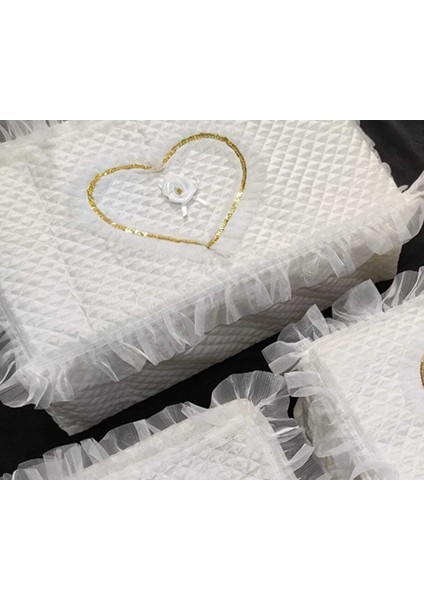 Şık Kalp Işlemeli Saten 3'lü Bohça Takımı Krem Renk modelleri