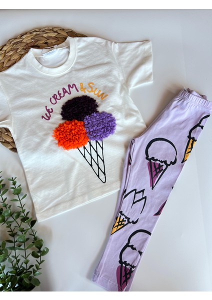 Kız Çocuk Ice Cream Dondurmalı Lila Tayt Takım