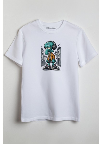 Squidward With Music Baskılı Unisex T-Shirt Beyaz