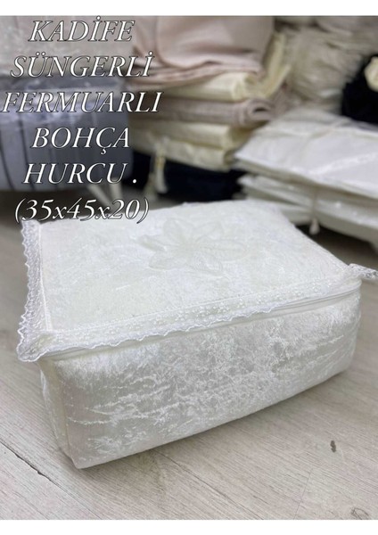 Kadife Bohçalık Hurç, Fermuarlı, Ekru, Şık ve Kullanışlı Ev Dekorasyonu Ürünü