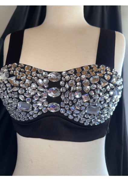 Kristal Taş Işlemeli Geceler ve Partiler Için Push Up Dolgulu Crop