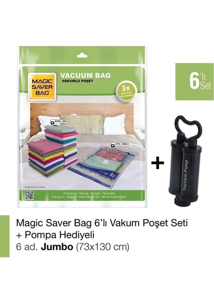 6’lı Jumbo Vakum Poşet Seti + Pompa Hediye, Şeffaf ve Sağlıklı Saklama Çözümü