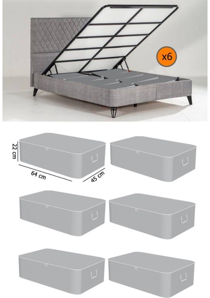6 Adet Gri Baza Tipi Saklama Hurcu, Büyük Boy, 65X45X22 Cm, Çekyat Altı Kullanışlı