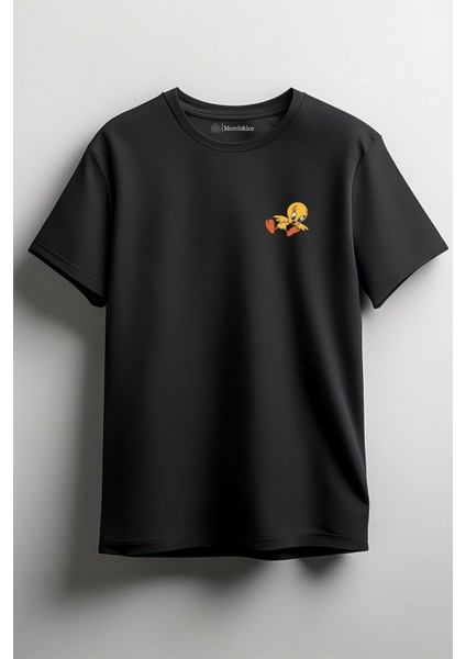 Tweety Göğüs Baskılı Unisex T-Shirt Siyah