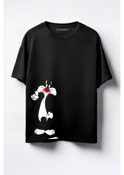 Sylvester Kedi Baskılı Unisex Oversize T-Shirt Siyah
