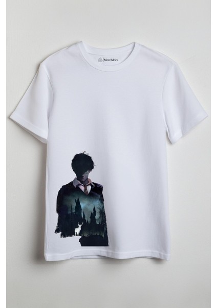 Expecto Patronum Harry Potter Silüeti Baskılı Unisex T-Shirt Beyaz