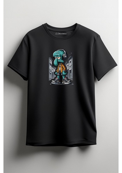 Squidward With Music Baskılı Unisex T-Shirt Siyah