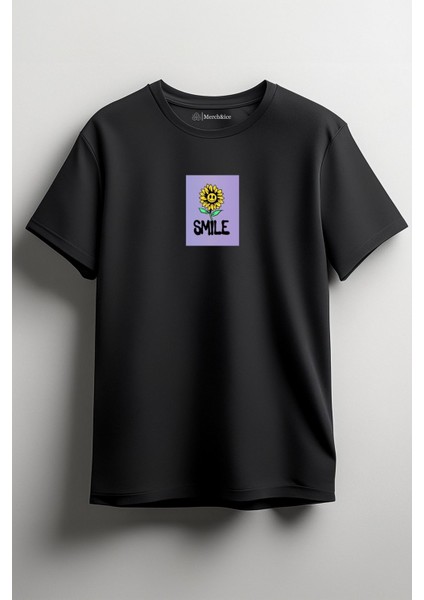 Smile Ay Çiçeği Baskılı Unisex T-Shirt Siyah