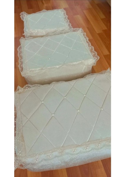 Kadife Işlemeli 3'lü Bohça Seti, Incili ve Güpürlü, Şık Nişan ve Davet Dekoru