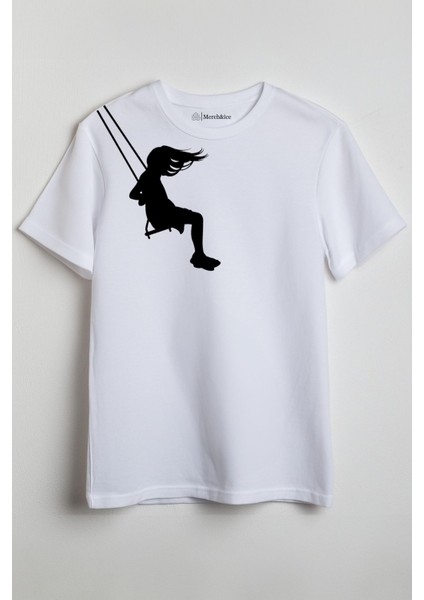 Salıncaklı Kız Baskılı Unisex T-Shirt Beyaz