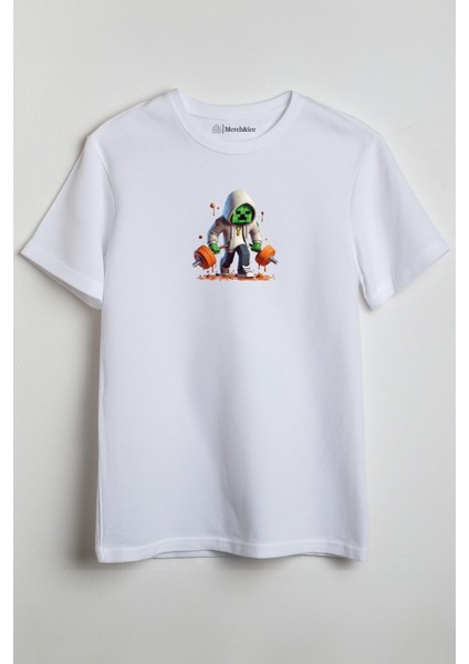 Piksel Baskılı Unisex T-Shirt Beyaz