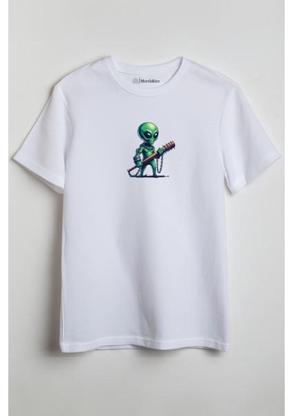 Sopalı Alien Uzaylı Baskılı Unisex T-Shirt Beyaz