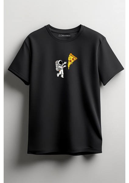 Pizza Astronot Baskılı Unisex T-Shirt Siyah