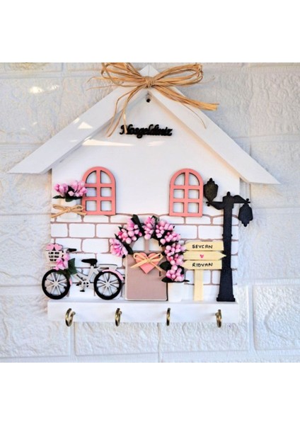 Pudra Renkli Anahtarlık Askısı, Hoş Geldiniz Yazılı Duvar Süsü, 27X27 cm