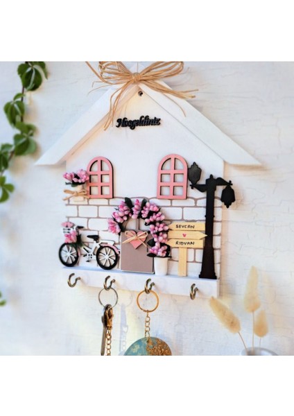 Pudra Renkli Anahtarlık Askısı, Hoş Geldiniz Yazılı Duvar Süsü, 27X27 cm indirimleri