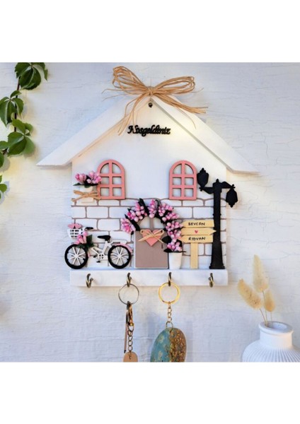 Pudra Renkli Anahtarlık Askısı, Hoş Geldiniz Yazılı Duvar Süsü, 27X27 cm