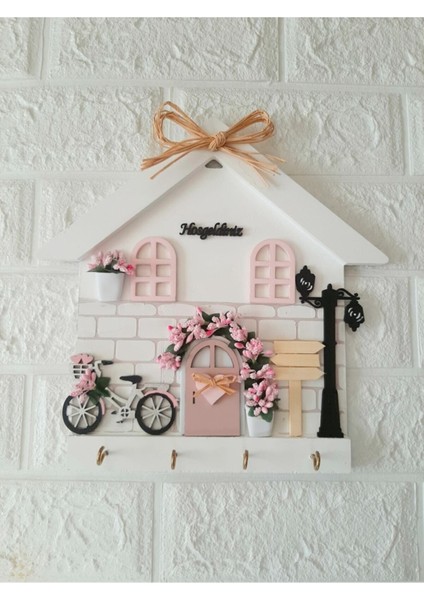 Pudra Renkli Anahtarlık Askısı, Hoş Geldiniz Yazılı Duvar Süsü, 27X27 cm