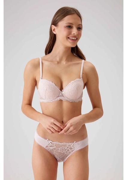 4561 Milan Push Up Dolgulu Dantelli Çeyiz Sütyen ve Külot Iç Çamaşır Takımı-Pudra