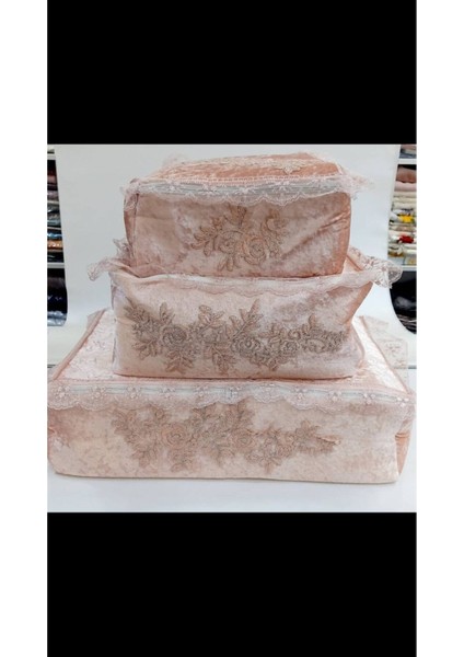 3 Adet Kadife Süngerli Pembe Nişan Bohçası Seti
