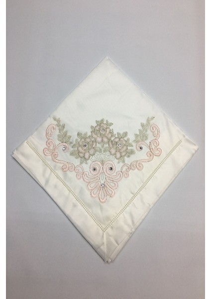 3D Fransız Güpürlü Dantel Incili Çeyizlik Monoray Lüks Bohça, Gri-Pudra