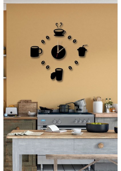 Siyah Ahşap Kahve Fincanı Duvar Saati, Mutfak ve Cafe Için 50X50 cm Tablo