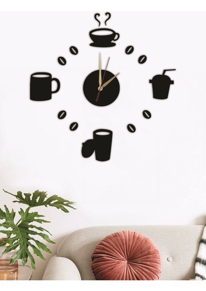 Siyah Ahşap Kahve Fincanı Duvar Saati, Mutfak ve Cafe Için 50X50 cm Tablo modelleri