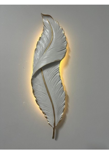 Beyaz Tüy Şekilli Duvar Aplik Modern Ledli Pilli Dekorasyon (1 Adet)