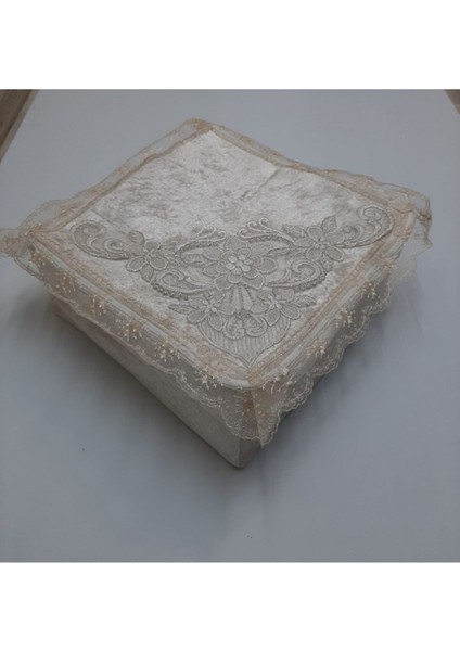 Kadife Kumaş Süngerli Çok Amaçlı Hurç, Fransız Güpür Dantel, Çeyizlik, 48X48X20 cm