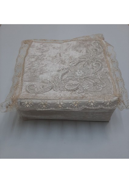 Kadife Kumaş Süngerli Çok Amaçlı Hurç, Fransız Güpür Dantel, Çeyizlik, 48X48X20 cm fiyatları