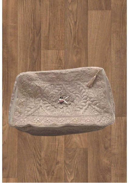 Kadife Püsküllü Fransız Güpürlü 2'li Kazak Hurcu, 30X50CM, Bej