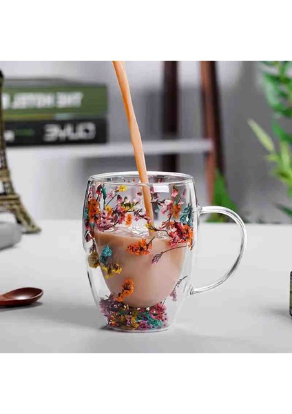 Içi Çiçek Dolu Hediyelik 3D Kupa Bardak Çift Katmanlı Kulplu Şirin Tatlı Dekoratif Çay Su Kahve Meşrubat Bardağı