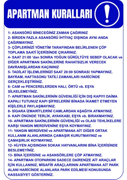 35 x 50 Apartman Kuralları Folyo Baskı Sticker Uyarı Levhası