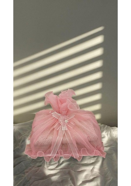 Pembe Piliseli Tül Güllü Fiyonklu Söz Nişan Süs Bohça 40X50