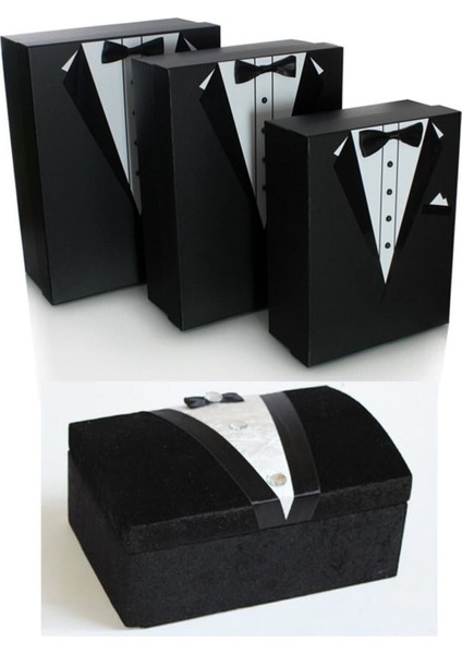 Şık 4'lü Siyah Damat Bohça ve Çeyiz Kutusu Seti