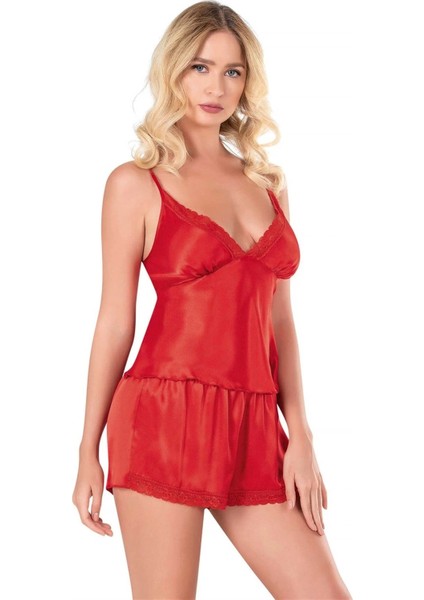 Miss Kırmızı Saten Babydoll Şort Takımı