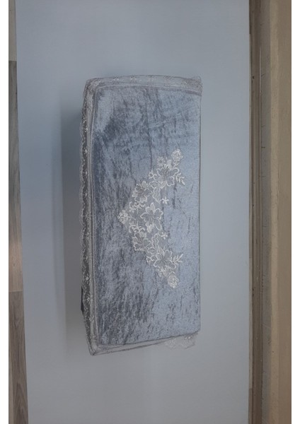 Kadife Kumaş Süngerli Gri Yastık Hurç, Fransız Güpür ve Dantel Detaylı, 65X37X44 cm