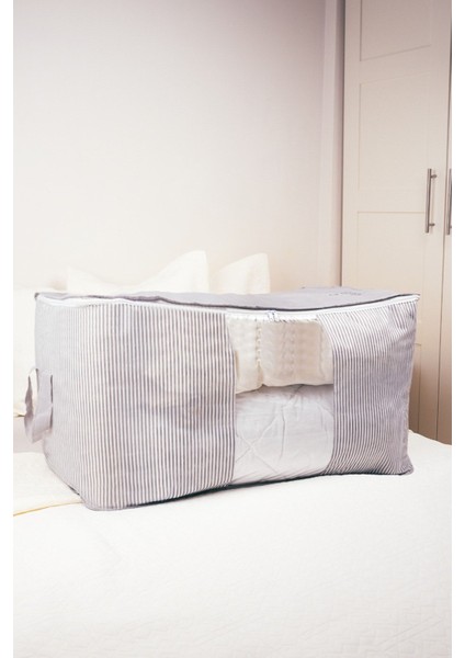 Gri Çizgili Pencereli Yorgan Saklama Kutusu 75X40X40