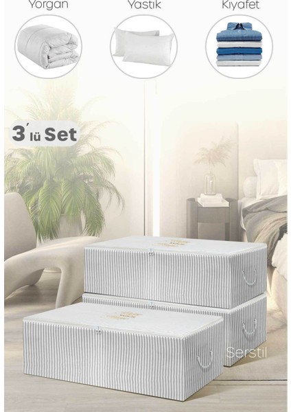 3’lü Büyük Boy Gri Çizgili Baza Altı Hurç 62X46X22 cm fiyatları