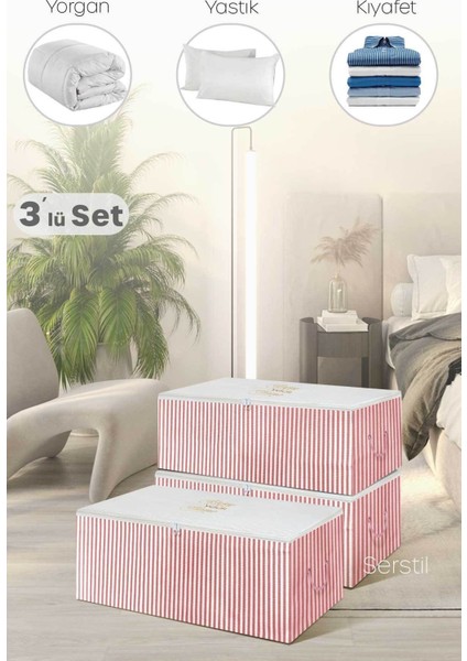 3'lü Pembe Çizgili Mini Baskı Hurç, 30X22X18 Cm, Şık ve Kullanışlı Set fiyatları