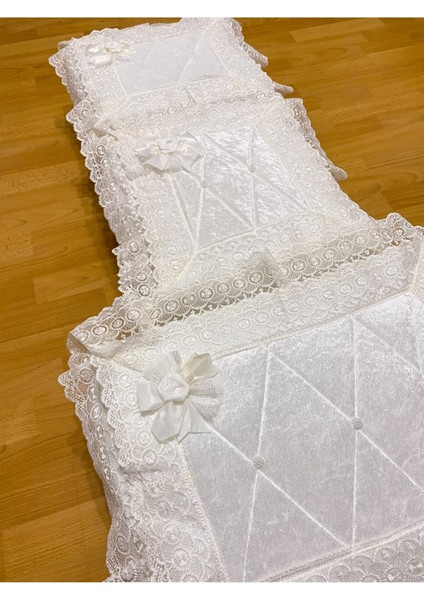 60X40 Kadife Güpürlü Bohça Seti, Nişan ve Söz Için, Ekru Renk