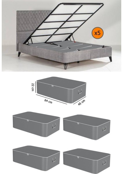 5 Adet Antrasit Çekyat Baza Tipi Saklama Hurcu, 65X45X22 cm