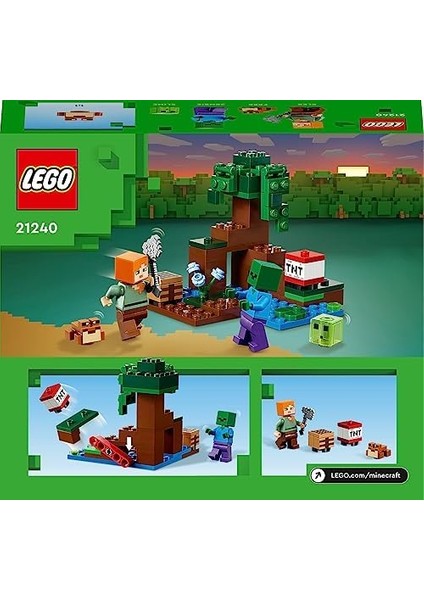 Minecraft® Bataklık Macerası 21240-7 Yaş ve Üzeri Çocuklar Için Alex, Zombi, Balçık ve Kurbağa Içeren Oyuncak Yapım Seti (65 Parça)