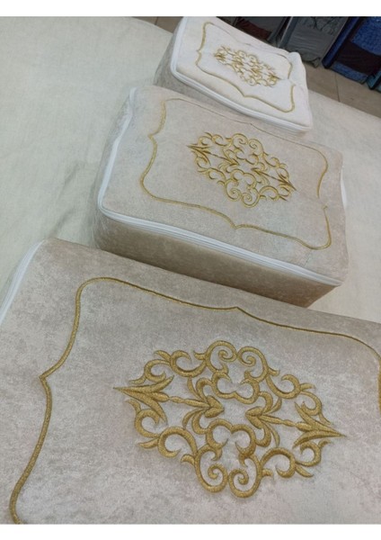 Kadife Gold Işlemeli 3'lü Bohça Seti, Nişan ve Düğün Hediye Paketi