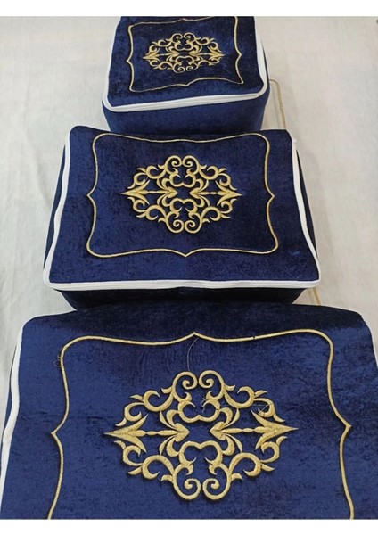 Lacivert Kadife Işlemeli 3'lü Bohça Seti, Nişan ve Düğün Hediyesi