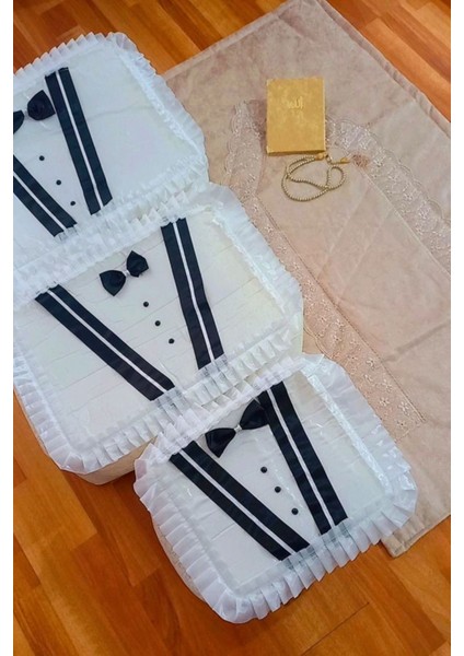 3'lü Damat Fiyonk Figürlü Çeyizlik Saten Bohça ve Seccade Seti