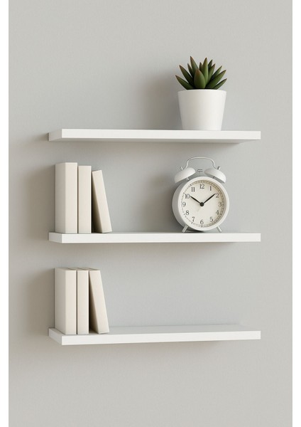 3'lü Beyaz Mdf Uçan Raf Seti, Duvara Monte, Gizli Bağlantı, Dekoratif, 30X13 cm modelleri