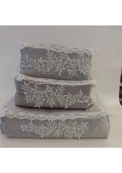 3'lü Kadife Süngerli Nişan Bohçası Gri Set