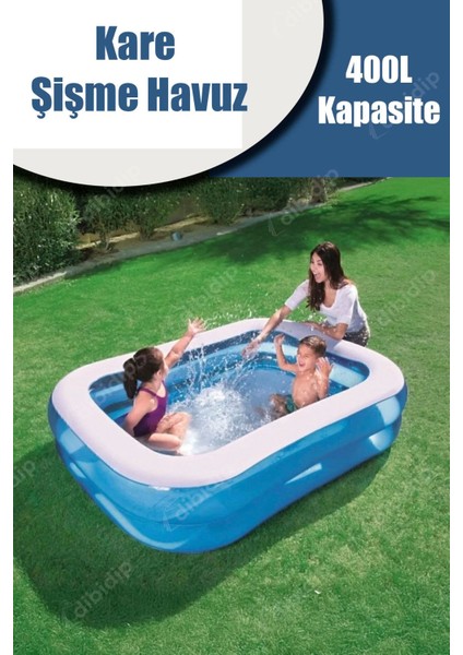400 Lt Kare Mavi Aile Şişme Havuz, Rahat ve Eğlenceli Yaz Keyfi
