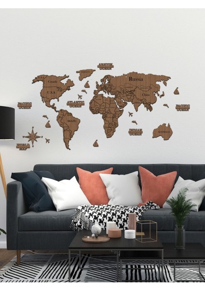 2d Ahşap Dünya Haritası Puzzle Şekli, 150X75CM, Ceviz Renkli, Dekoratif ve Eğlenceli